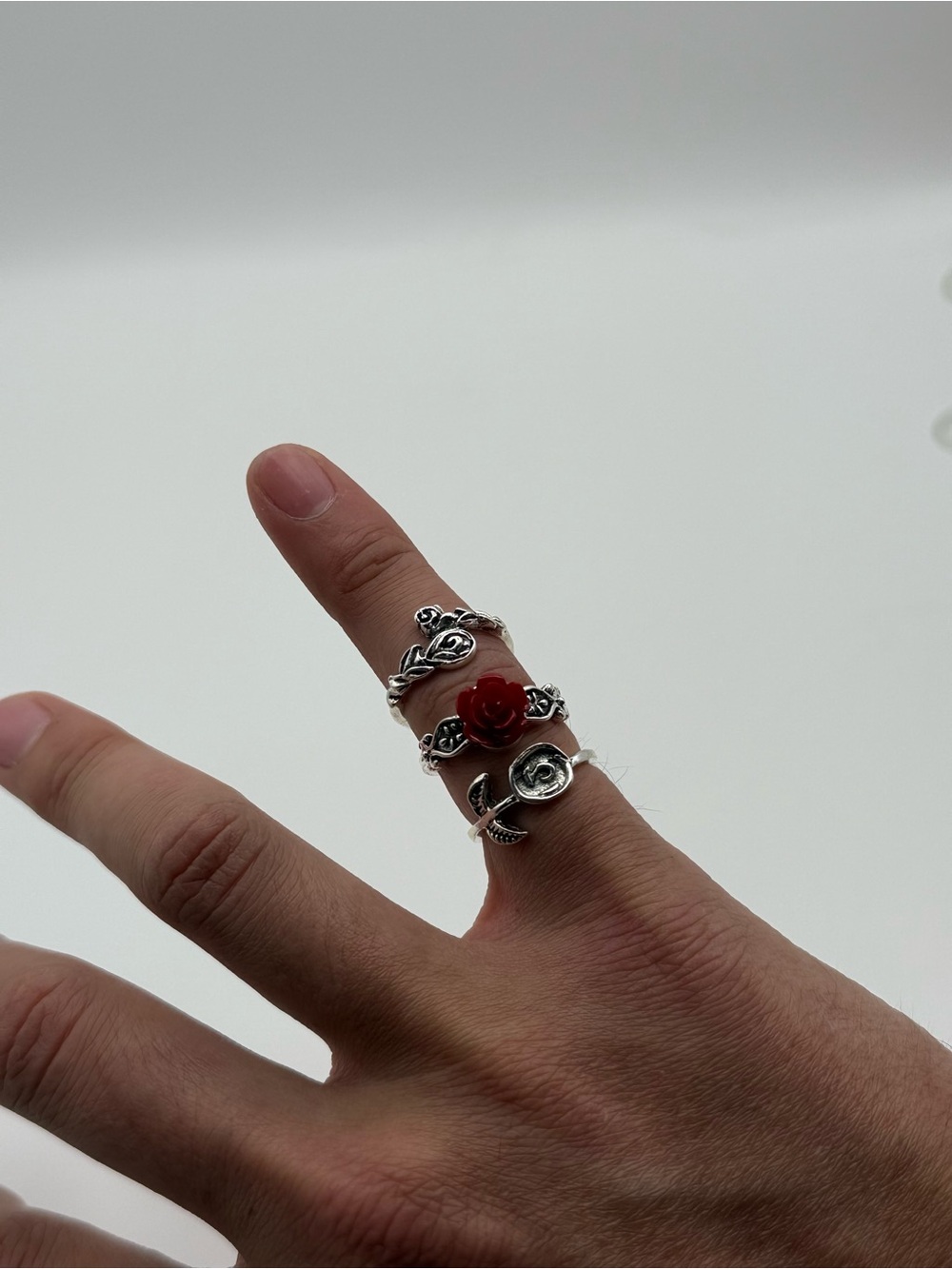 Sterling Silver Stackable Ring Set with Red Rose Accent